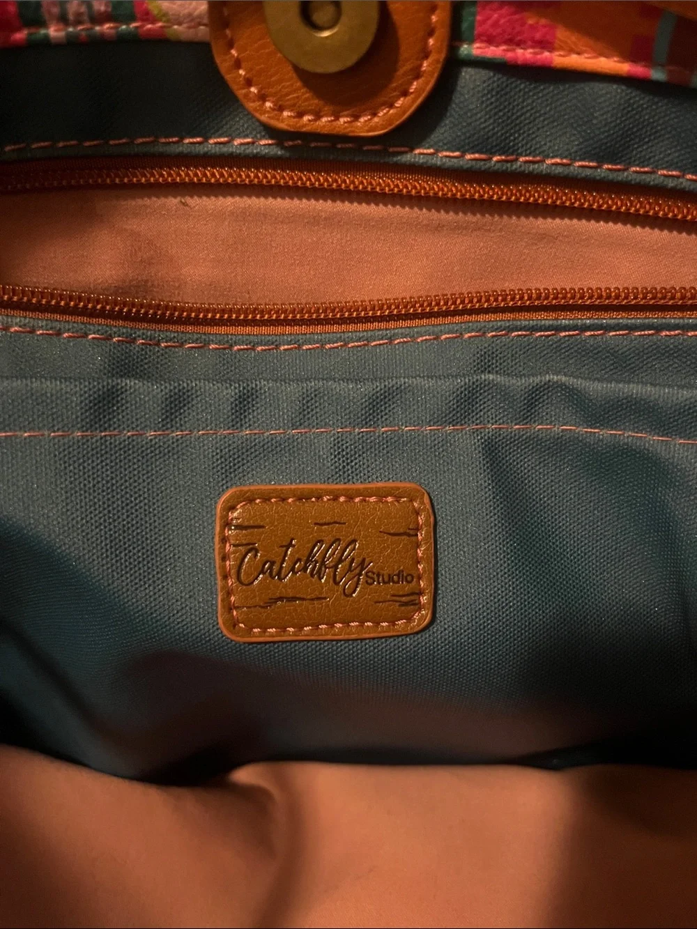 Pink Patterned Tote with Brown Leather Trim and Tassel